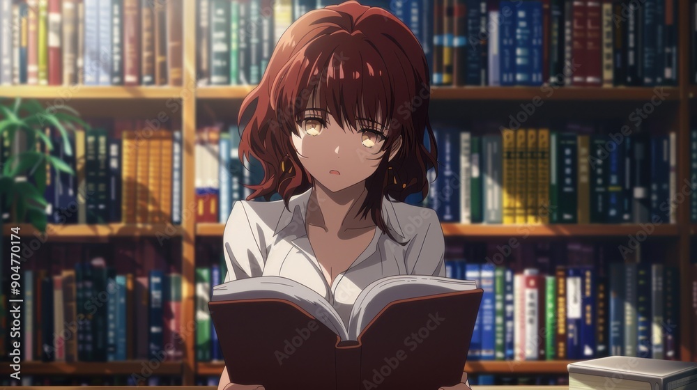 Anime girl in library, medium wide shot, comparing bar charts, thorough research, studio lighting Anime girl in library, medium wide shot, comparing bar charts, thorough research, studio lighting