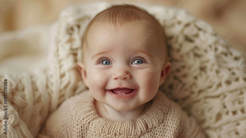 Adorable Smiling Baby Wrapped in Cozy Beige Knit Blanket with HandKnitted Sweater Adorable Smiling Baby Wrapped in Cozy Beige Knit Blanket with HandKnitted Sweater