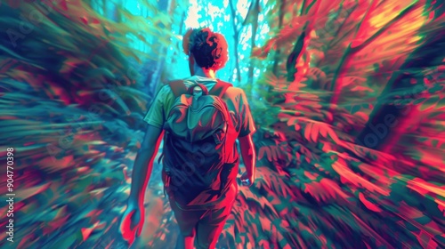 16. Day Hike, realistic style, neon colors, geometric pattern, over-the-shoulder, natural light, motion blur,