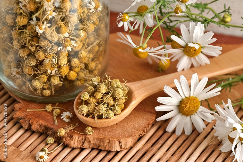 Glass jar with dried Camomile near wooden spoon and daisy flowers Glass jar with dried Camomile near wooden spoon and daisy flowers