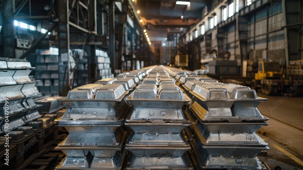 Rows of Stacked Metal Ingots in Industrial Warehouse Rows of Stacked Metal Ingots in Industrial Warehouse