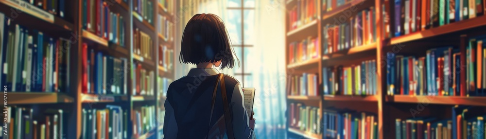 Anime girl in library, medium wide shot, comparing bar charts, thorough research, studio lighting