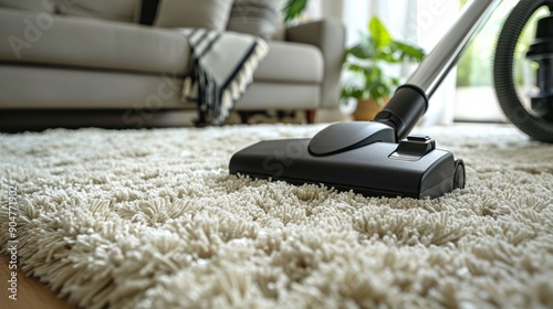 Black Vacuum Cleaner on White Living Room Carpet photo