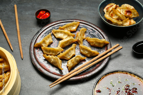 Delicious pan-fried gyoza d...