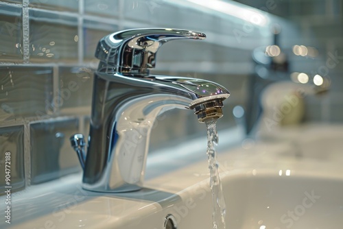 Close-up of chrome bathroom faucet with running water photo