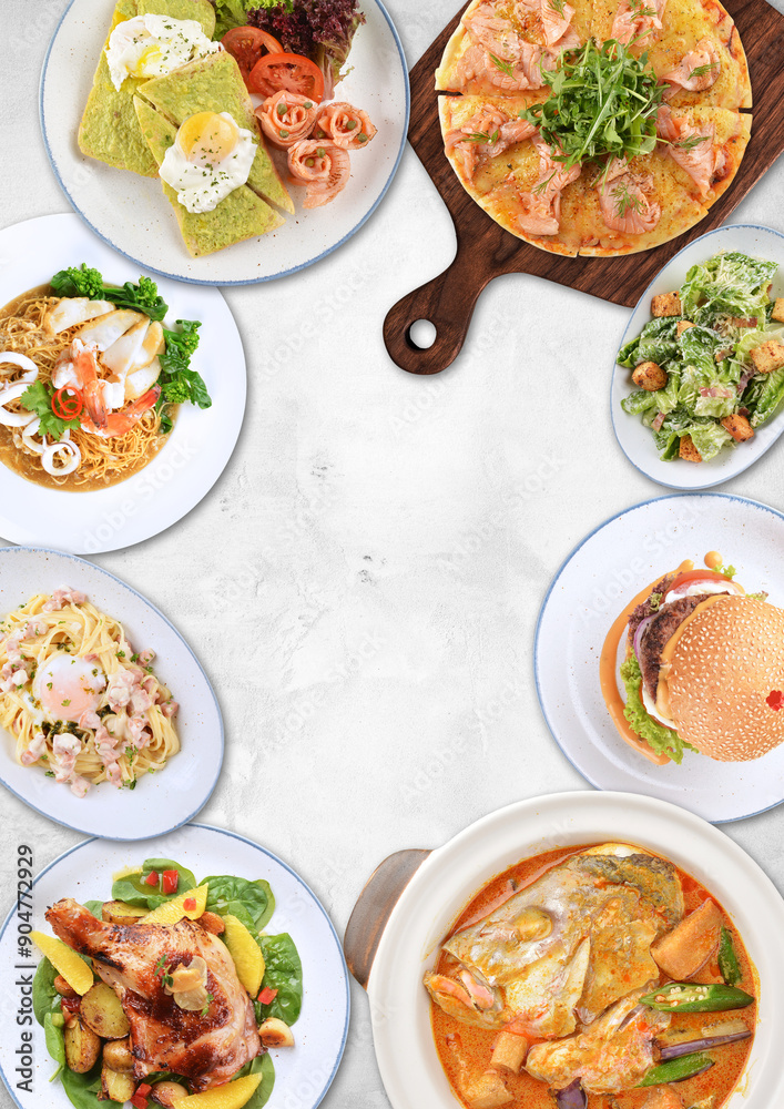 seafood pasta with burger, pizza, salad, breakfast, chicken, curry fish top view group set on white marble table western spaghetti cuisine halal food hotel luxury cafe menu cover design seafood pasta with burger, pizza, salad, breakfast, chicken, curry fish top view group set on white marble table western spaghetti cuisine halal food hotel luxury cafe menu cover design