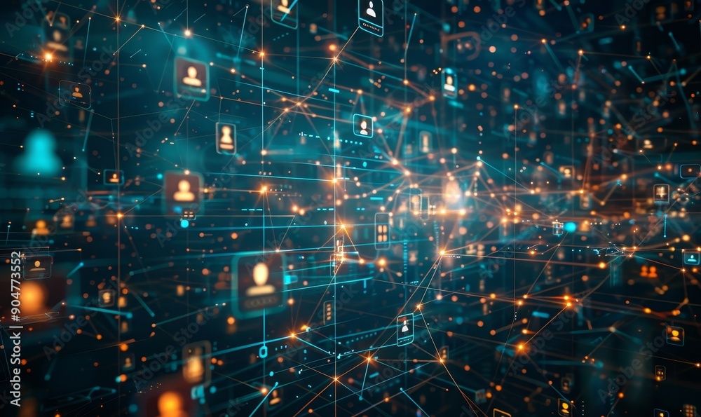 Obraz premium VFX Animated Background with Virtual Social Media Reality Interconnected by Internet Into Worldwide Web. Internet of Things Concept with Videos, Avatars, Profiles Flowing in Online, Generative AI