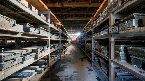 Abandoned Warehouse with Rows of Dusty Shelves