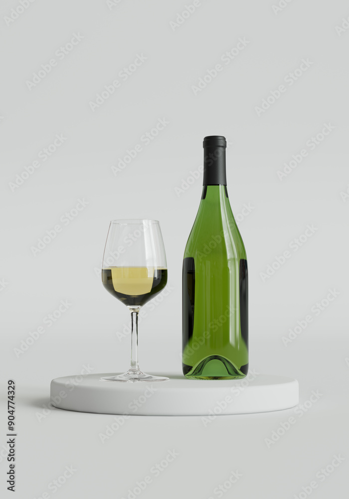 Modern 3D Illustrated White Wine Bottle with Glass Filled Modern 3D Illustrated White Wine Bottle with Glass Filled