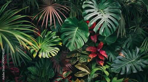 Vibrant tropical leaves including monstera philodendron and palm fronds with red flowers Dense jungle foliage in lush green hues