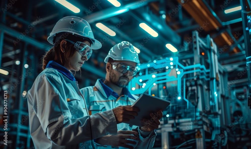 Factory Digitalization. Two Industrial Engineers Use Tablet Computer, Big Data Statistics Visualization, Optimization of High-Tech Electronics Facility. Industry Machinery Manufacturing, Generative AI Factory Digitalization. Two Industrial Engineers Use Tablet Computer, Big Data Statistics Visualization, Optimization of High-Tech Electronics Facility. Industry Machinery Manufacturing, Generative AI