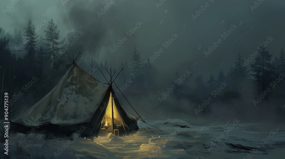 22. Winter Tent, realistic style, muted tones, abstract shapes, high angle, bright light, smoke, 22. Winter Tent, realistic style, muted tones, abstract shapes, high angle, bright light, smoke,