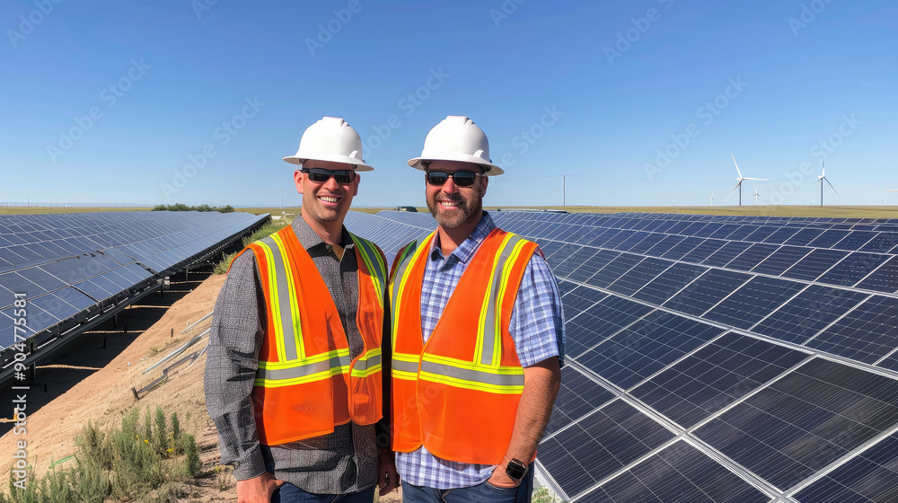 Engineers at Solar Farm with Wind Turbines Engineers at Solar Farm with Wind Turbines
