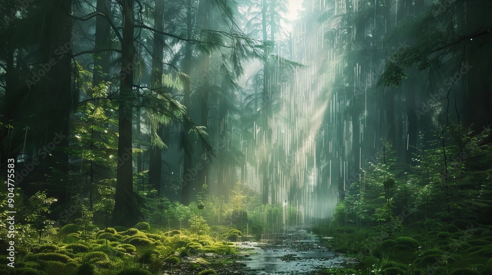Sunbeams streaming through misty forest Lush green foliage and tall trees creating ethereal woodland scene with magical atmosphere Sunbeams streaming through misty forest Lush green foliage and tall trees creating ethereal woodland scene with magical atmosphere
