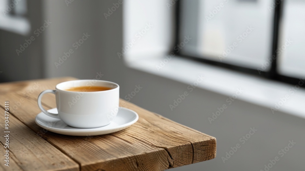 Obraz premium Cozy Morning Coffee in a White Cup on a Rustic Wooden Table by a Sunlit Window in a Minimalist Setting