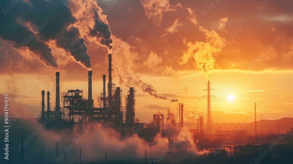 Industrial Plant at Sunset Emitting Smoke Industrial Plant at Sunset Emitting Smoke