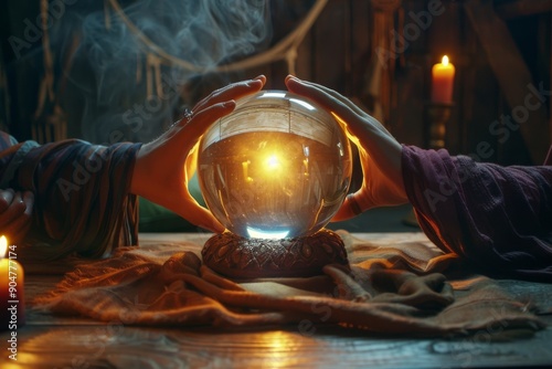 Mystical Fortune Telling Session with a Glowing Crystal Ball Amid Candlelight photo