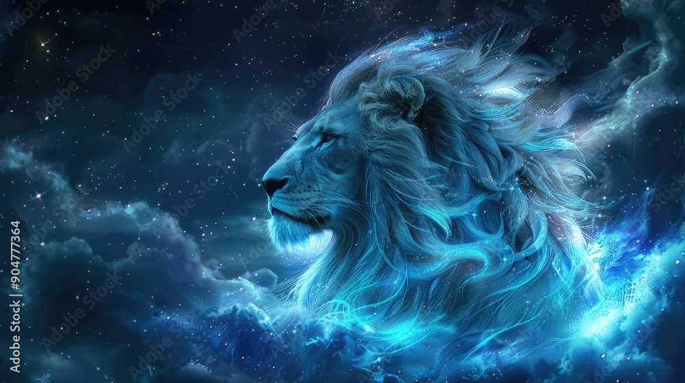 Naklejka premium Majestic Cosmic Lion Portrait in Dreamlike Stardust with Glowing Mane Amongst the Vibrant Night Sky