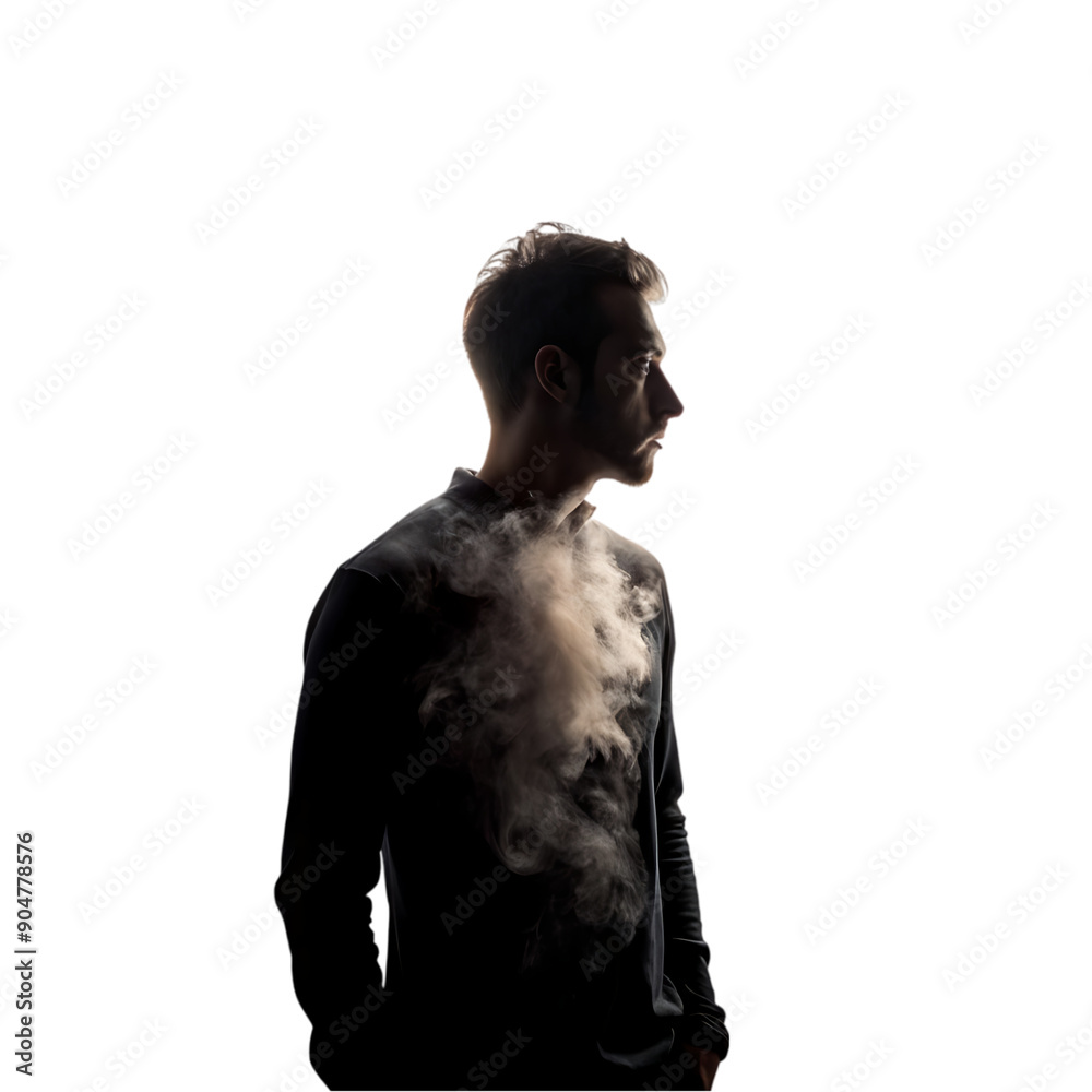 Fototapeta premium backlight silhouette of a man in the smoke on transparent background