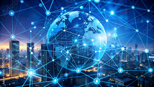 Glowing globe connected to a bustling cityscape through a vibrant network, symbolizing global interconnectedness. Futuristic image of a networked world with human icons, representing digital connectio