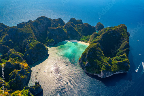 Amazing travel drone photo of landmark of Thailand, Andaman Sea, Krabi. Aerial View from above of Ko Phi Phi Lee with paradise lagoon Maya Bay photo