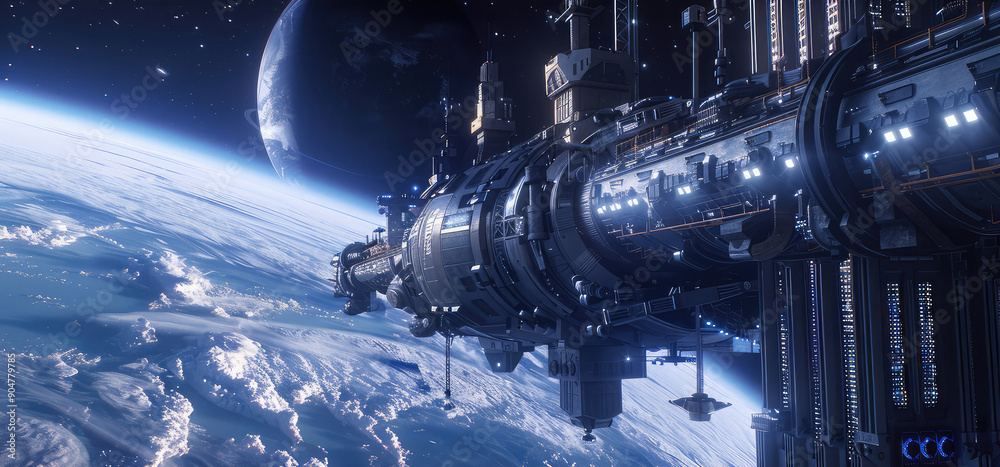 Futuristic Space Station Orbiting Earth Futuristic Space Station Orbiting Earth