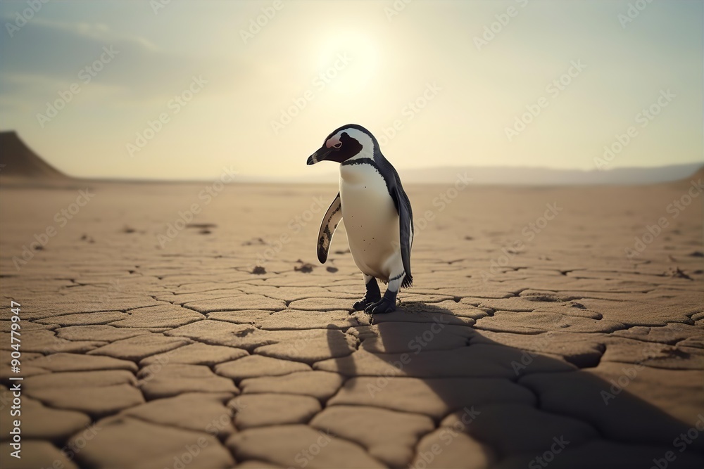Fototapeta premium Climate Change Concept: Penguin Walking, Climate Change, Penguin, Walking, Concept, Global Warming, Environmental, Wildlife