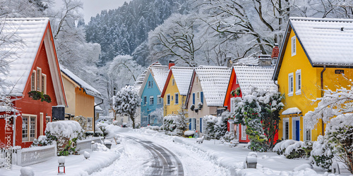 Winter in an european village with houses covered in snow.