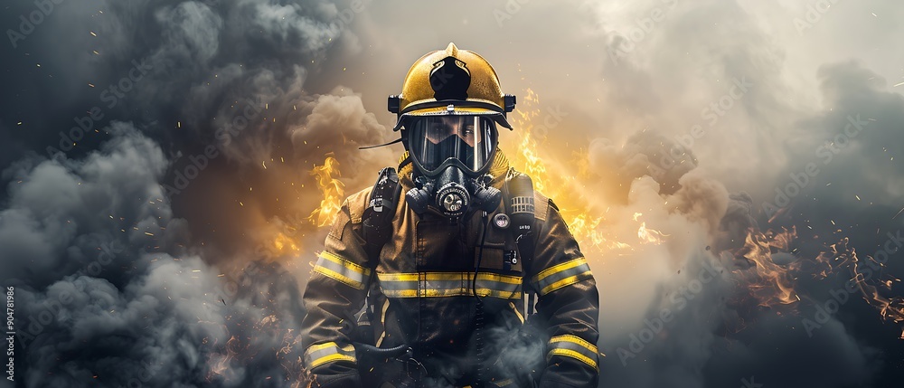 Heroic firefighter in full gear amidst smoke and dark background Heroic firefighter in full gear amidst smoke and dark background