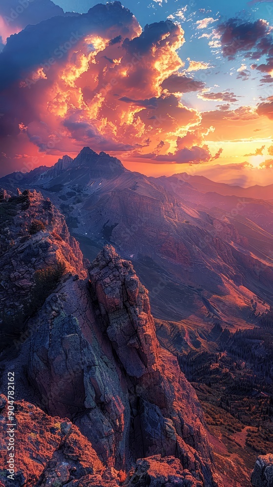 Obraz premium Illustrate the power of resilience in a rugged mountain range scene at sunset, where the vibrant colors and dramatic lighting convey strength and determination in the face of challenges
