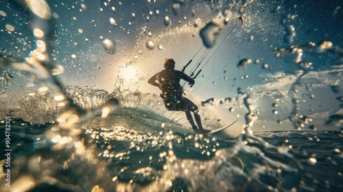Kitesurfer Riding a Wave with a Splashing Background