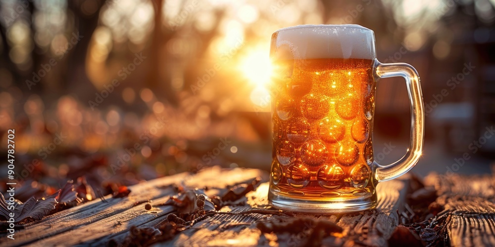 Full beer mug on wooden table with blurry lights Full beer mug on wooden table with blurry lights