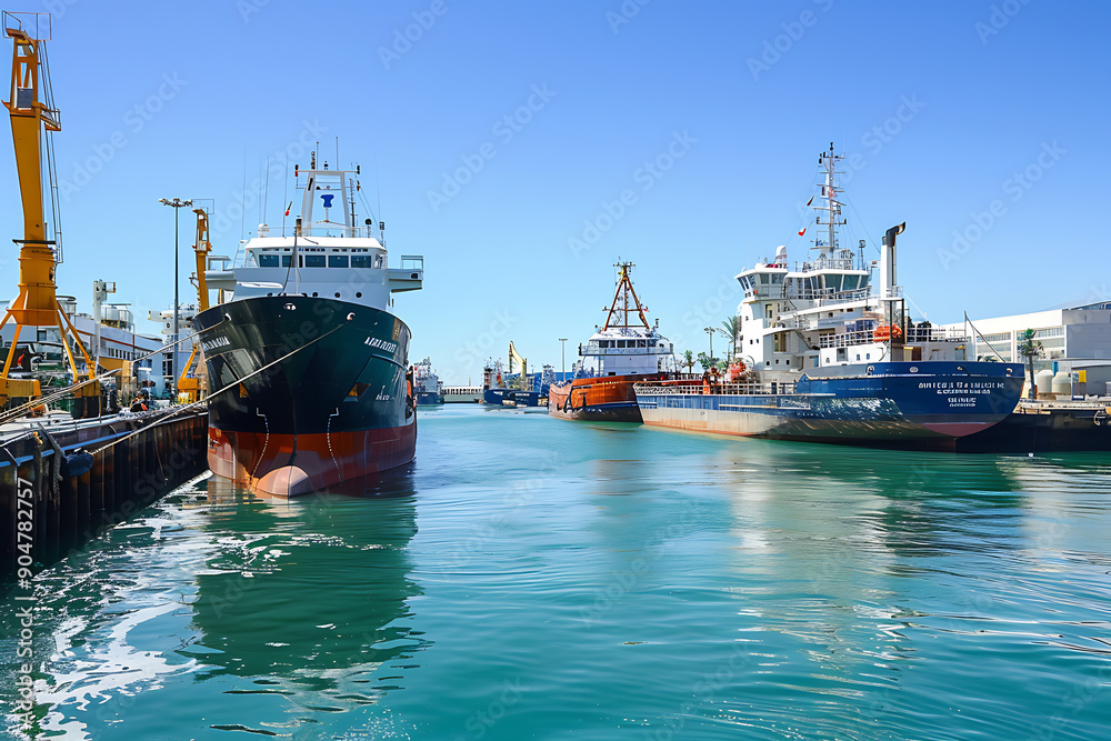 A large ship is docked at a harbor with several other ships in the background A large ship is docked at a harbor with several other ships in the background