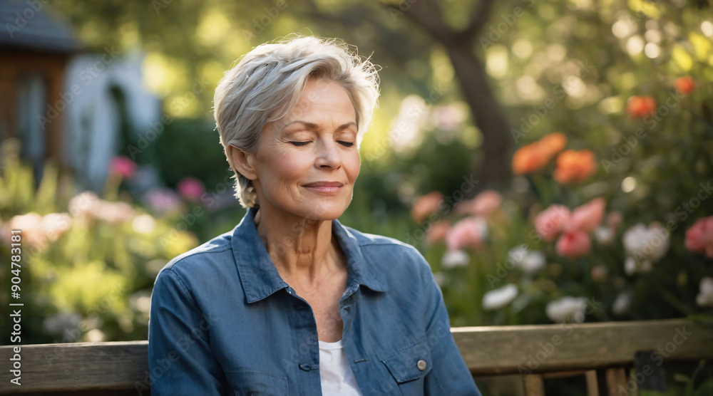 Senior retired woman is relaxing in spring garden with flowers. Happy elderly woman sitting on bench. Retirement, mindfulness and leisure concept Senior retired woman is relaxing in spring garden with flowers. Happy elderly woman sitting on bench. Retirement, mindfulness and leisure concept
