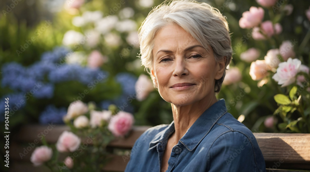 Senior retired woman is relaxing in spring garden with flowers. Happy elderly woman sitting on bench. Retirement, mindfulness and leisure concept Senior retired woman is relaxing in spring garden with flowers. Happy elderly woman sitting on bench. Retirement, mindfulness and leisure concept