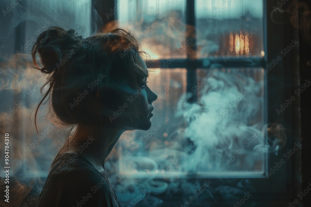 Moody Silhouette of Woman in Smoky Ambient Light by Window Moody Silhouette of Woman in Smoky Ambient Light by Window