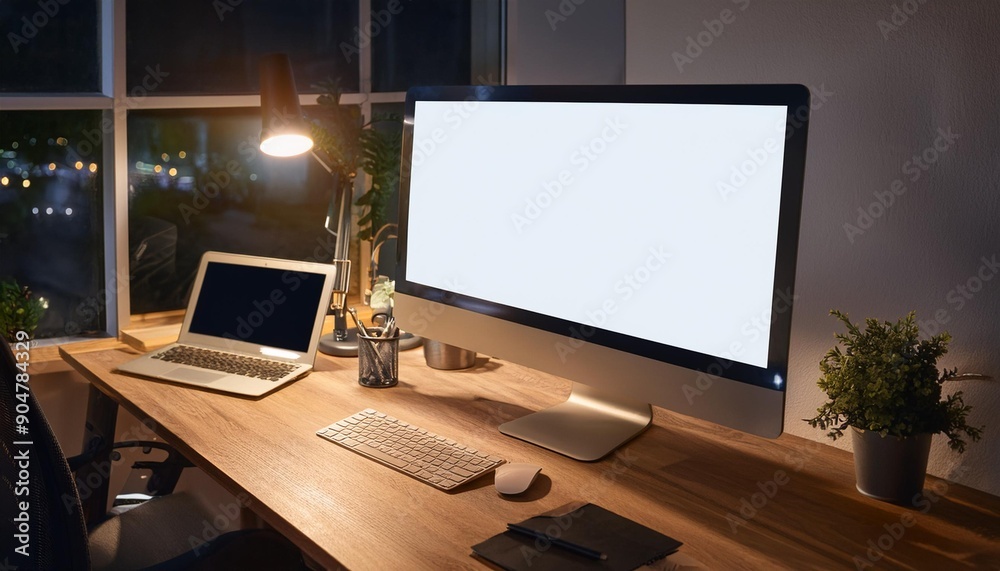 Cozy Contemporary Workspace at Night with L-Shaped Wooden Desk and Tech Setup laptop, computer, notebook, business, technology, office Cozy Contemporary Workspace at Night with L-Shaped Wooden Desk and Tech Setup laptop, computer, notebook, business, technology, office