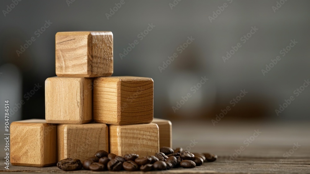 Wooden Blocks Stacked on Wooden Surface with Coffee Beans in Foreground and Blurred Background Wooden Blocks Stacked on Wooden Surface with Coffee Beans in Foreground and Blurred Background