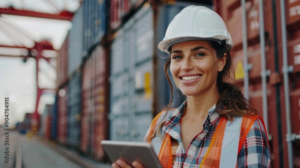 Woman wearing hard hat at shipping container terminal Woman wearing hard hat at shipping container terminal