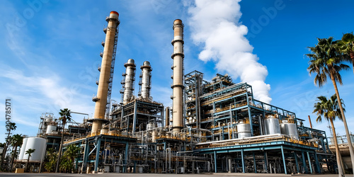 Factory with Smokestacks Against Blue Sky