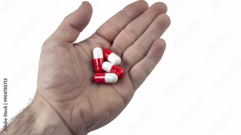 A man's hand displays crimson and ivory capsules against a blank background.