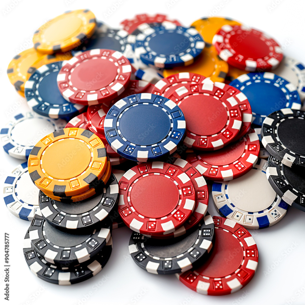 Colorful Casino Chips Spread Out on White Background Colorful Casino Chips Spread Out on White Background
