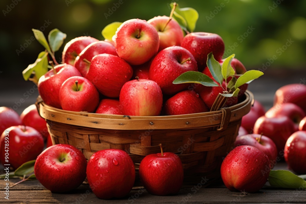 Red apples in a basket on a wooden table Red apples in a basket on a wooden table