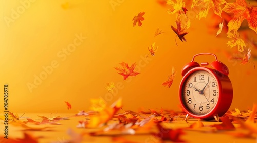 Autumn background with a red alarm clock