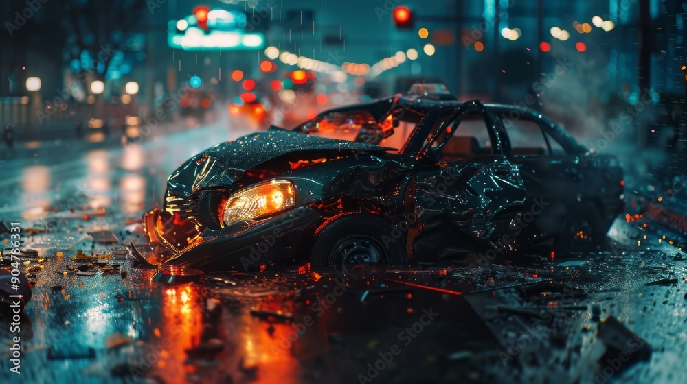 car accident with wrecked car and debris on a road car accident with wrecked car and debris on a road