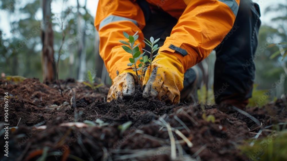 Fototapeta premium person wearing an orange jacket is actively digging in the dirt planting native trees
