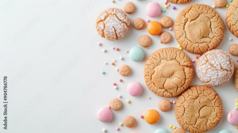 Cookies and colorful candies on a white table Cookies and colorful candies on a white table