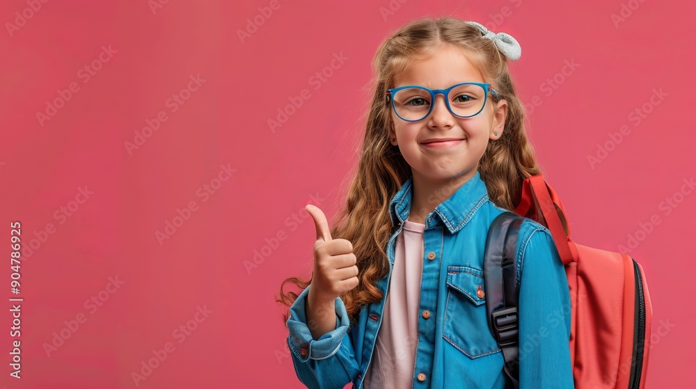 cute schoolgirl in glasses with a backpack and books shows a thumbs up cute schoolgirl in glasses with a backpack and books shows a thumbs up