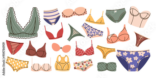 Set of colorful womans underwear. Vector bra and pants collection.