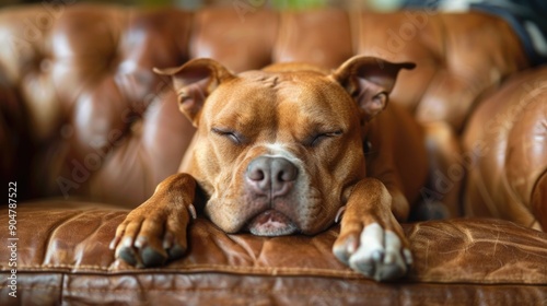 Brown pit bull sleeping on couch